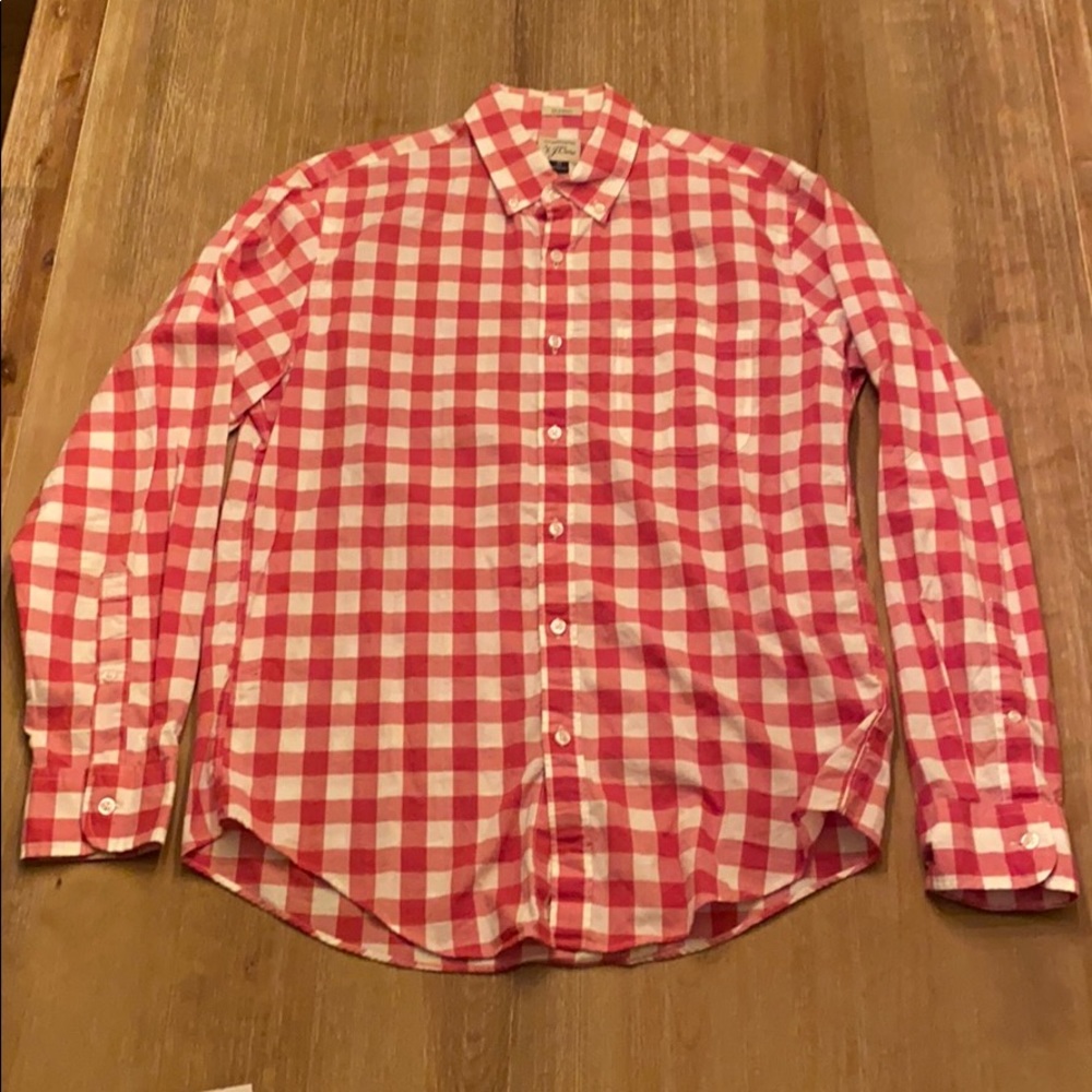 JCrew red and white checkered button down shirt